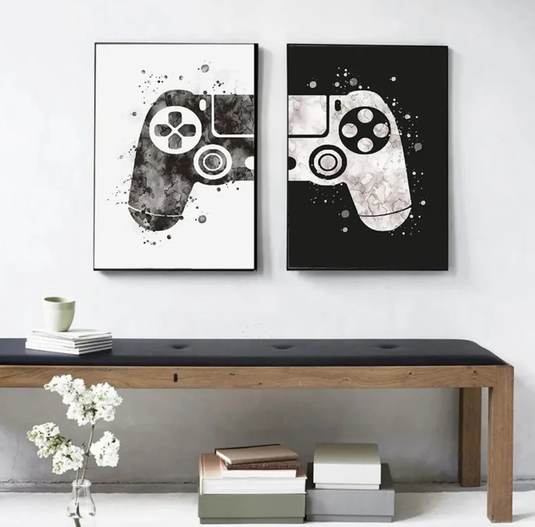 “Game On” Canvas Wall Art – Black & White Frameless Controller Print for Gamers