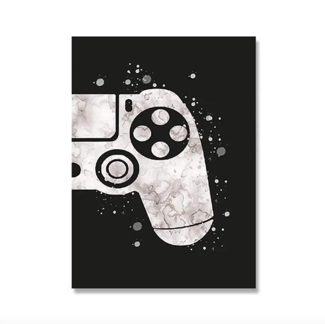 “Game On” Canvas Wall Art – Black & White Frameless Controller Print for Gamers
