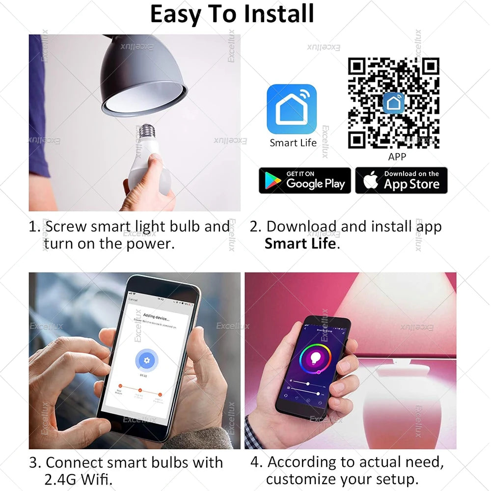 WiFi Smart Led Light Bulbs E27 15W 85-265V Dimmable Smart Led Lamp RGB,2700-6500K,Smart Life App,Voice With Alexa