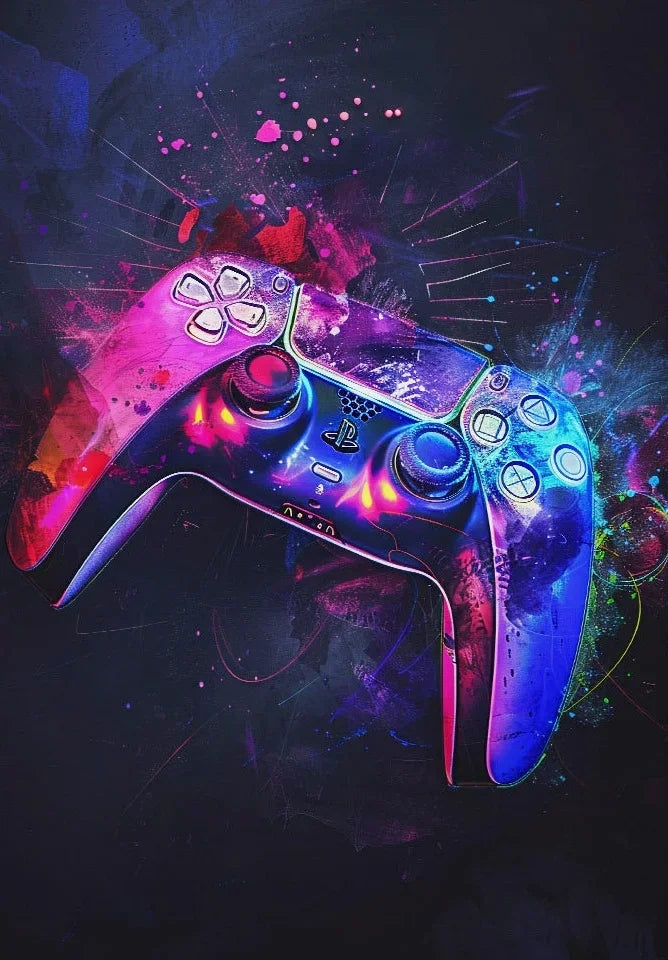 Affiche aquarelle néon pour manette de jeu vidéo PS5