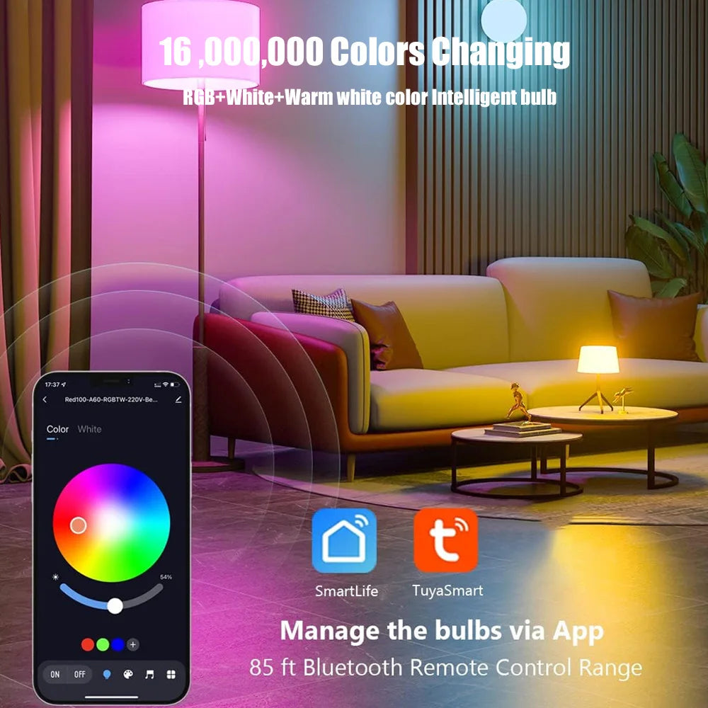 Bluetooth Smart LED Bulb – E27 RGB + Warm & Cool White, 15W Tuya App Control (85–265V)