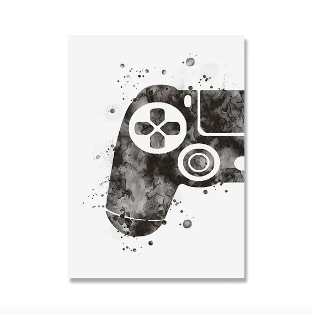 “Game On” Canvas Wall Art – Black & White Frameless Controller Print for Gamers