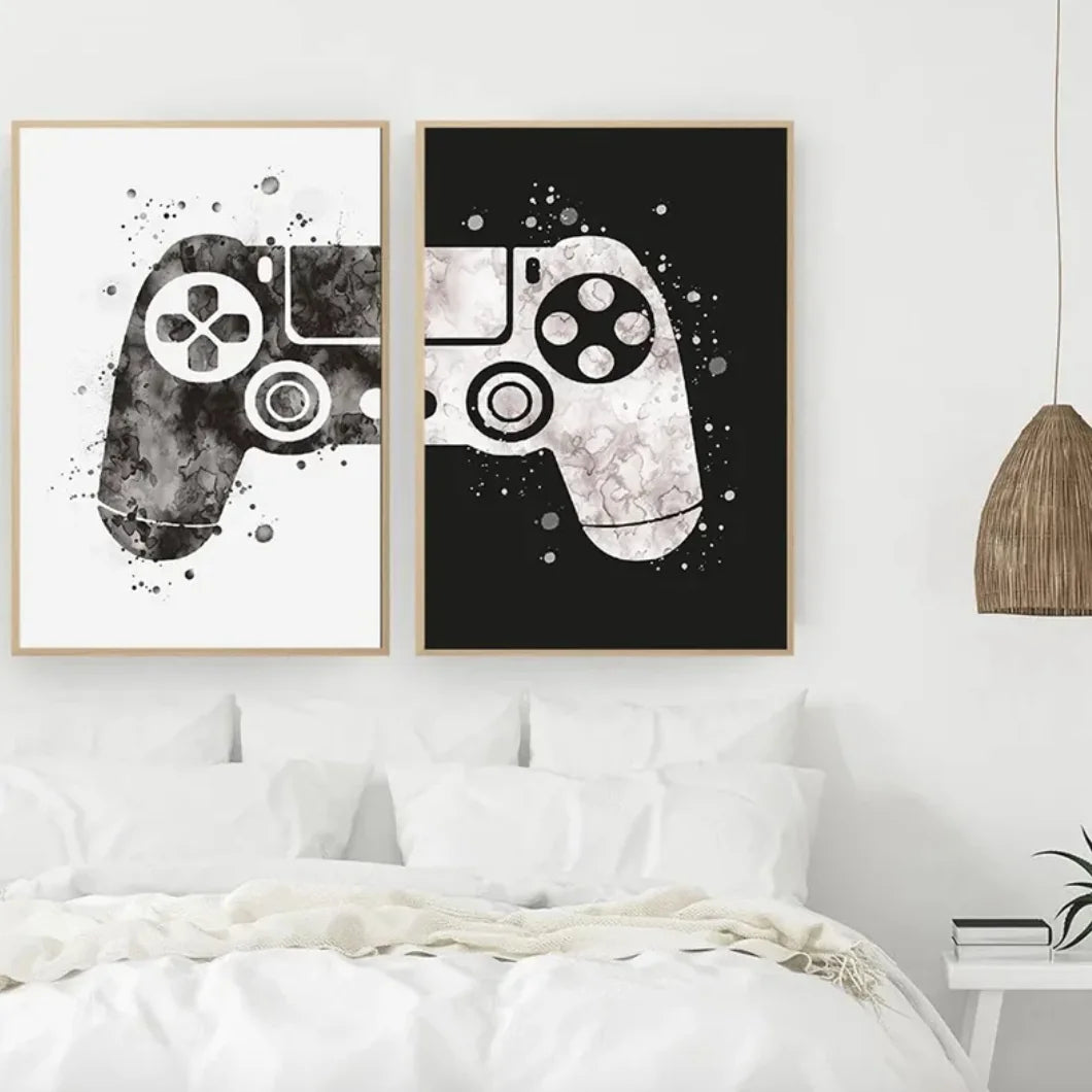 “Game On” Canvas Wall Art – Black & White Frameless Controller Print for Gamers