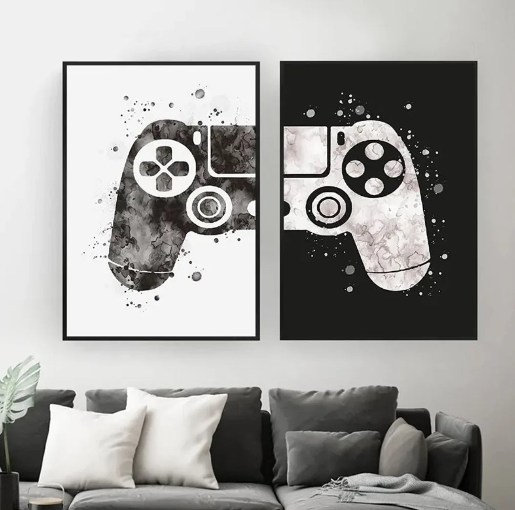 “Game On” Canvas Wall Art – Black & White Frameless Controller Print for Gamers