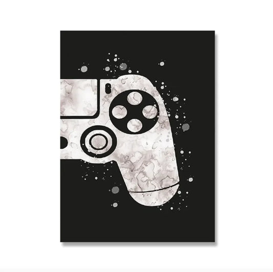 “Game On” Canvas Wall Art – Black & White Frameless Controller Print for Gamers
