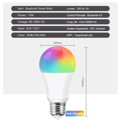 Bluetooth Smart LED Bulb – E27 RGB + Warm & Cool White, 15W Tuya App Control (85–265V)