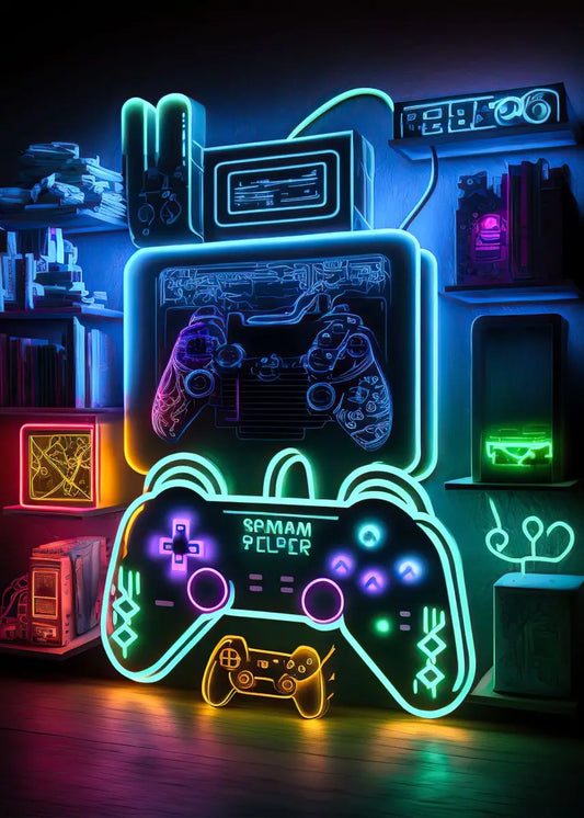 Toile représentant une manette de jeu au néon