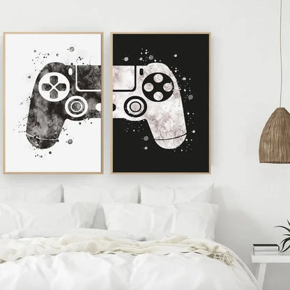 “Game On” Canvas Wall Art – Black & White Frameless Controller Print for Gamers